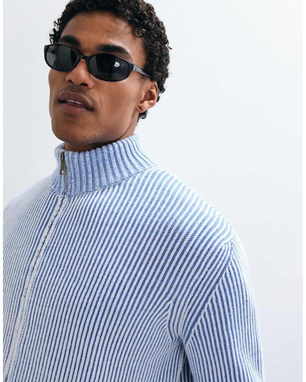 ASOS Blue Knitted Oversized Zip Through Ribbed Funnel Neck for men