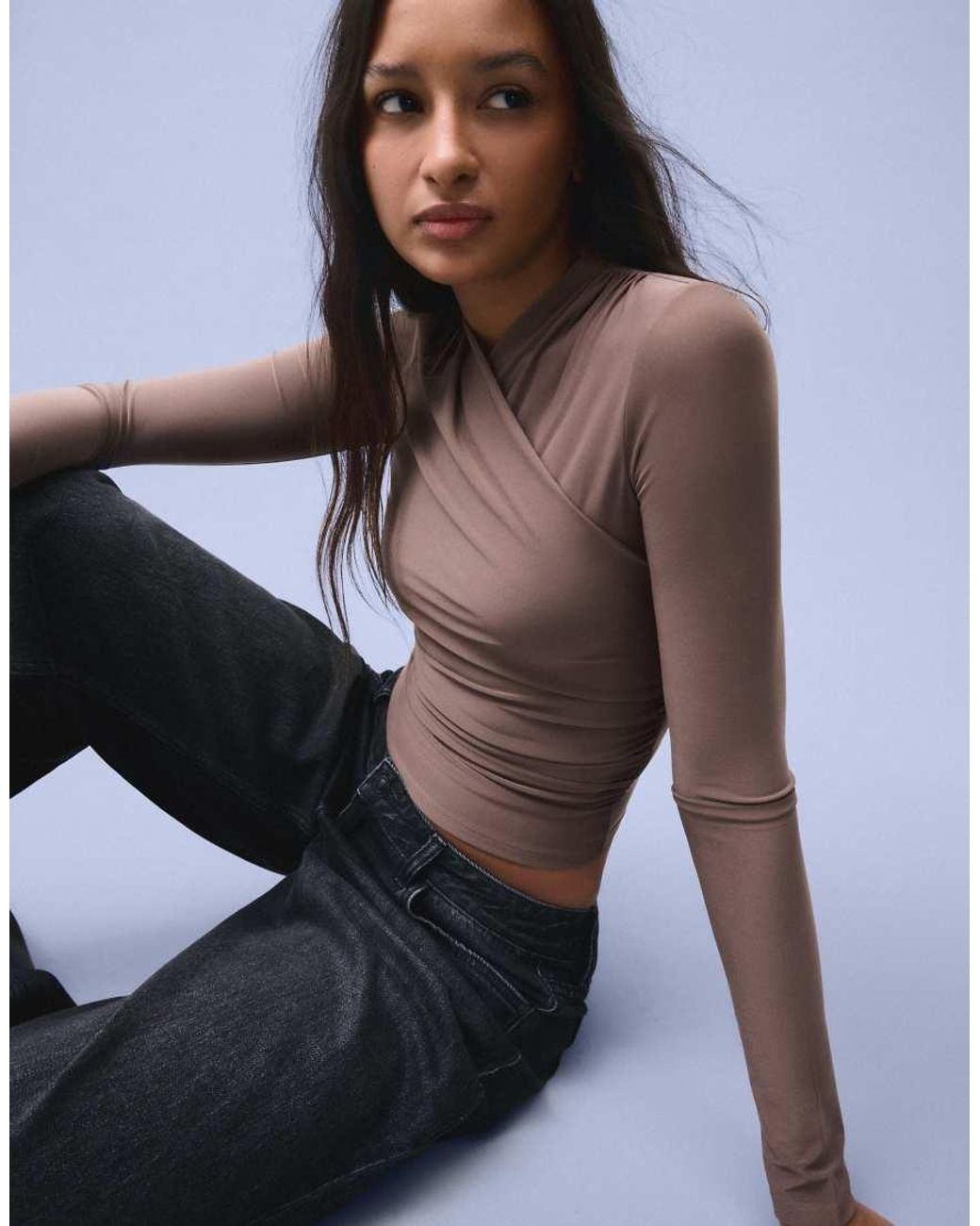 Bershka Blue Polyamide Draped Long Sleeve T-shirt