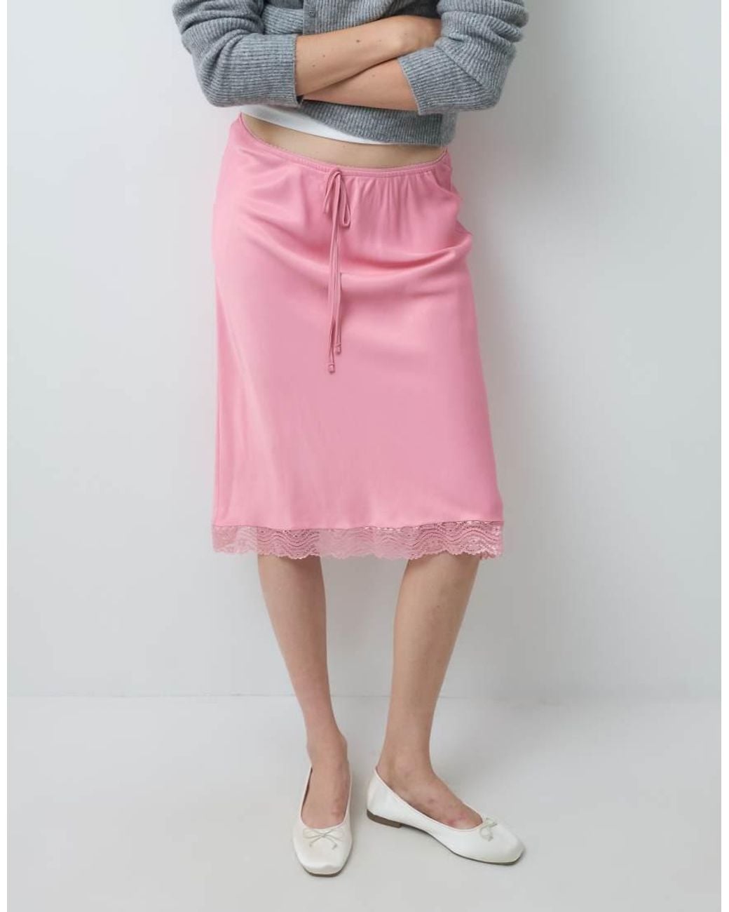 Reclaimed Vintage Pink Awkward Length Satin Midi Skirt With Lace Trim