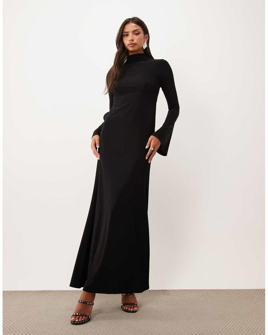 ASOS Black Slinky High Neck Maxi Dress With Flute Sleeve And Draped Open Back Strappy Detail