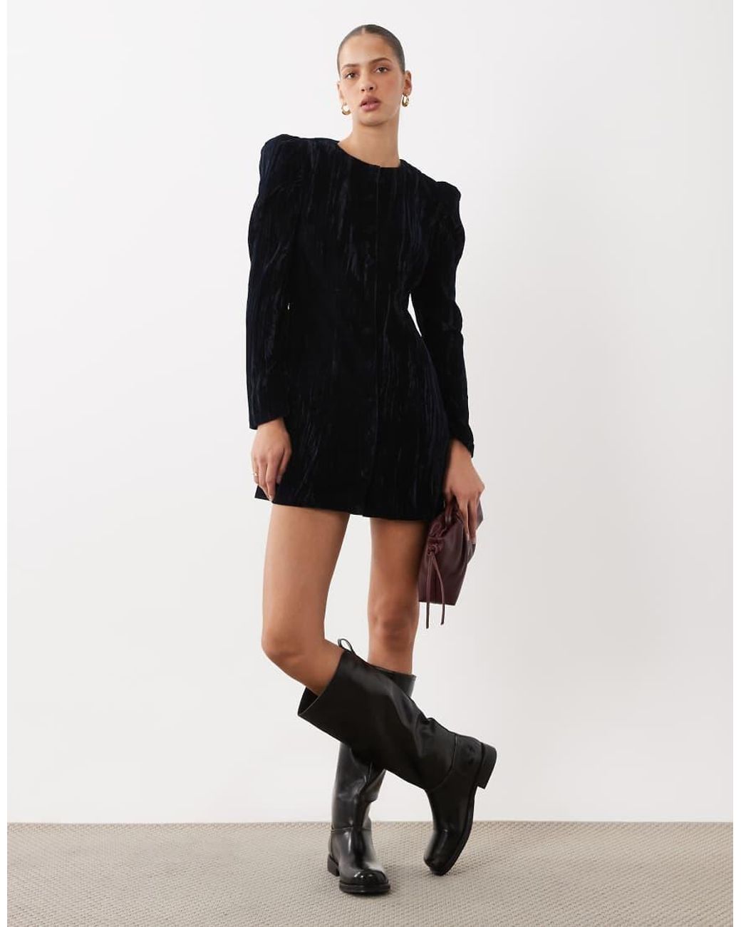 ASOS Black Crew Neck Button Through Velvet Mini Dress