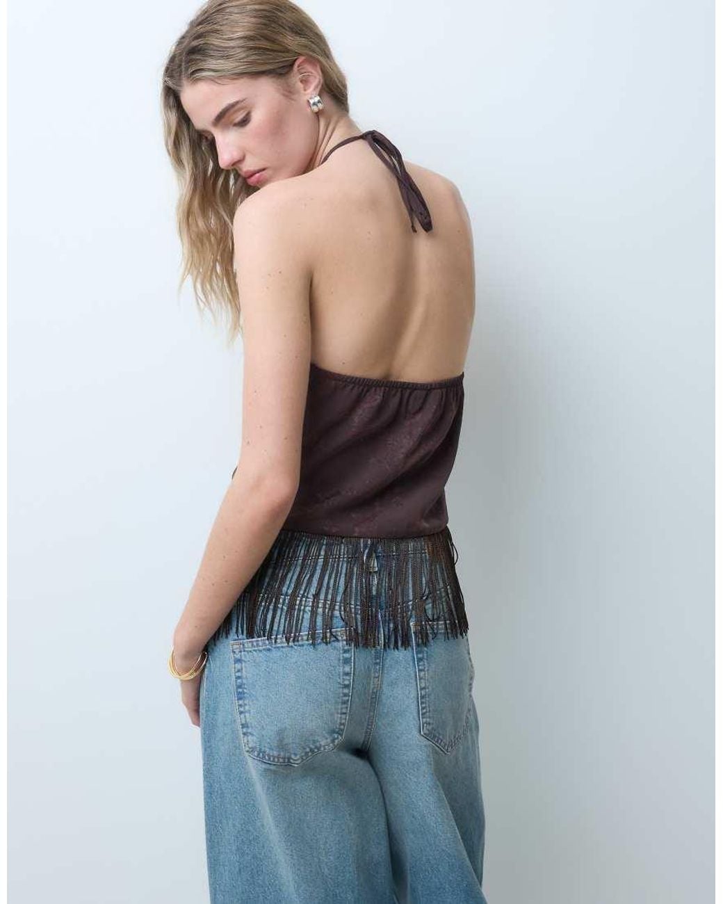 ASOS Blue Satin Halter Neck Tie Top With Fringe Detailing