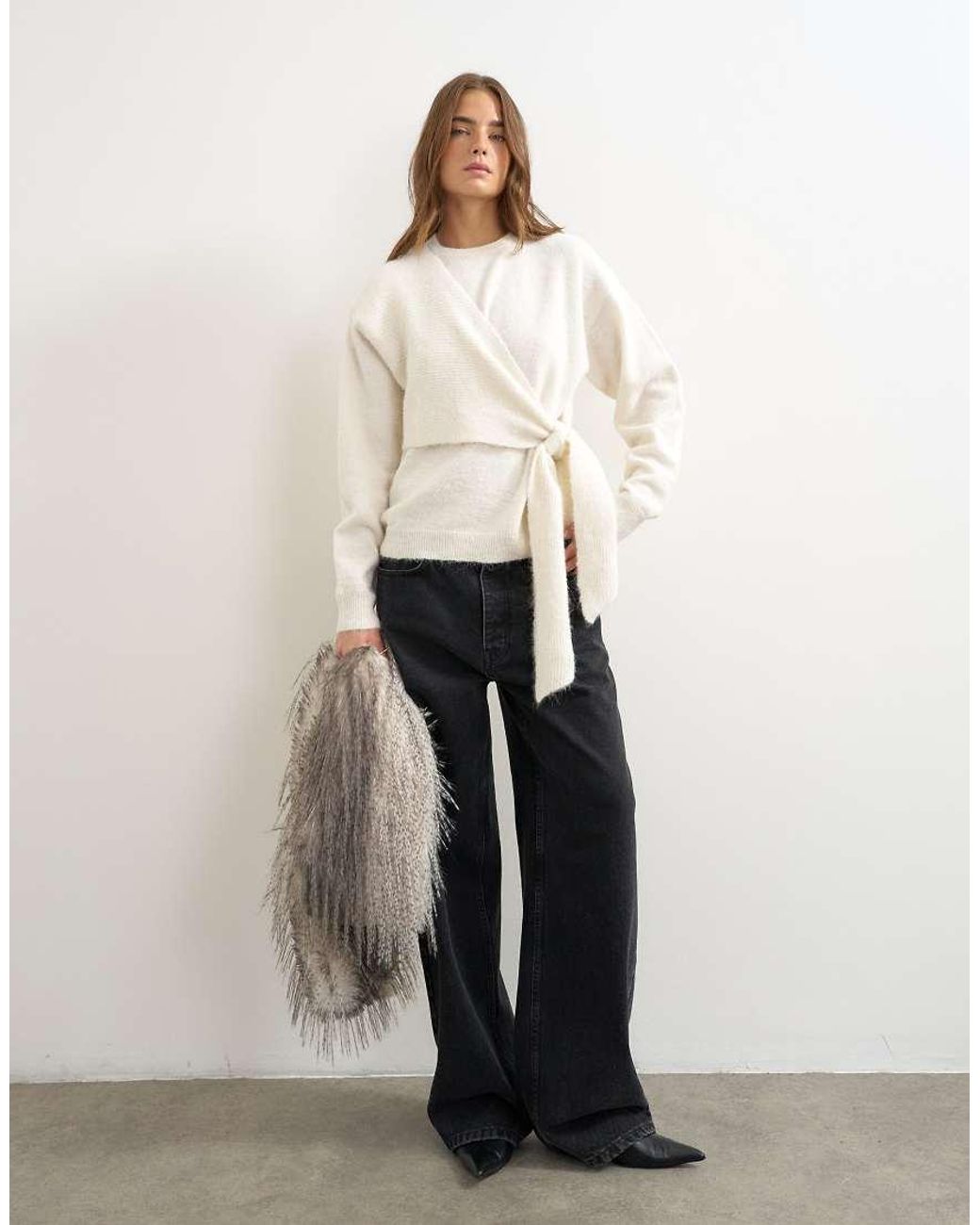 TOPSHOP Natural Knitted Front Tie Jumper With Wool And Alpaca