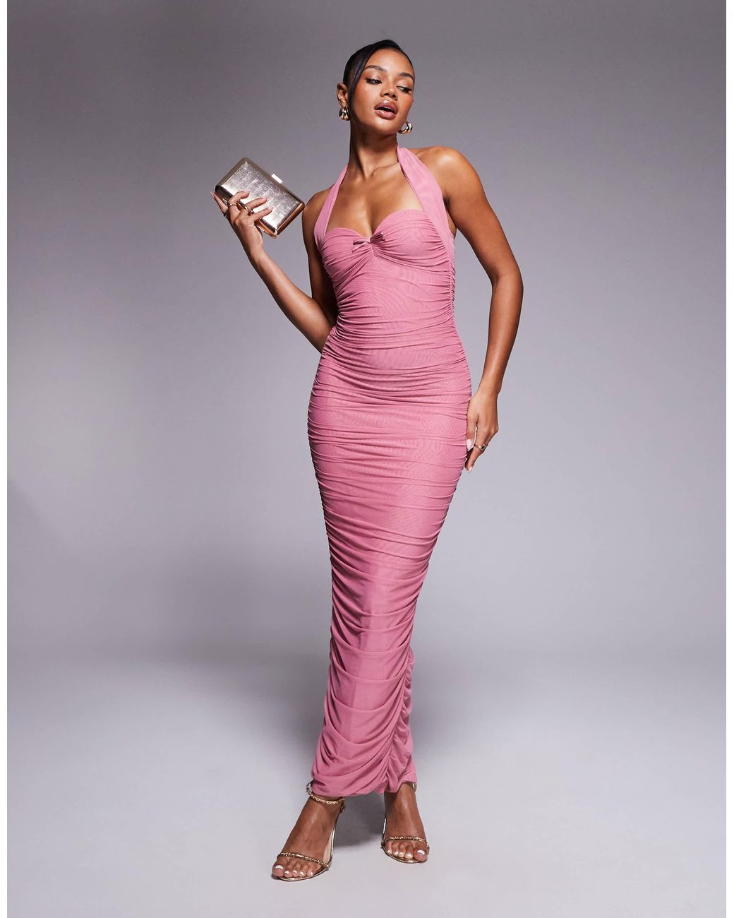 Oh Polly Bow Detail Halterneck Ruched Midaxi Dress in Pink | Lyst Oh Polly Bow Detail Halterneck Ruched Midaxi Dress in Pink | Lyst
