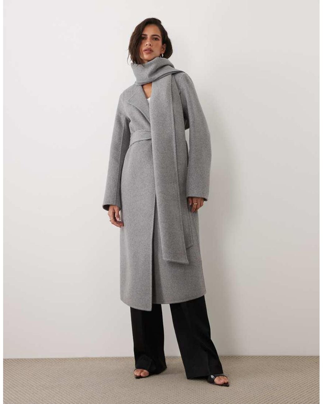 Forever New Gray Wool Blend Belted Scarf Detail Longline Coat