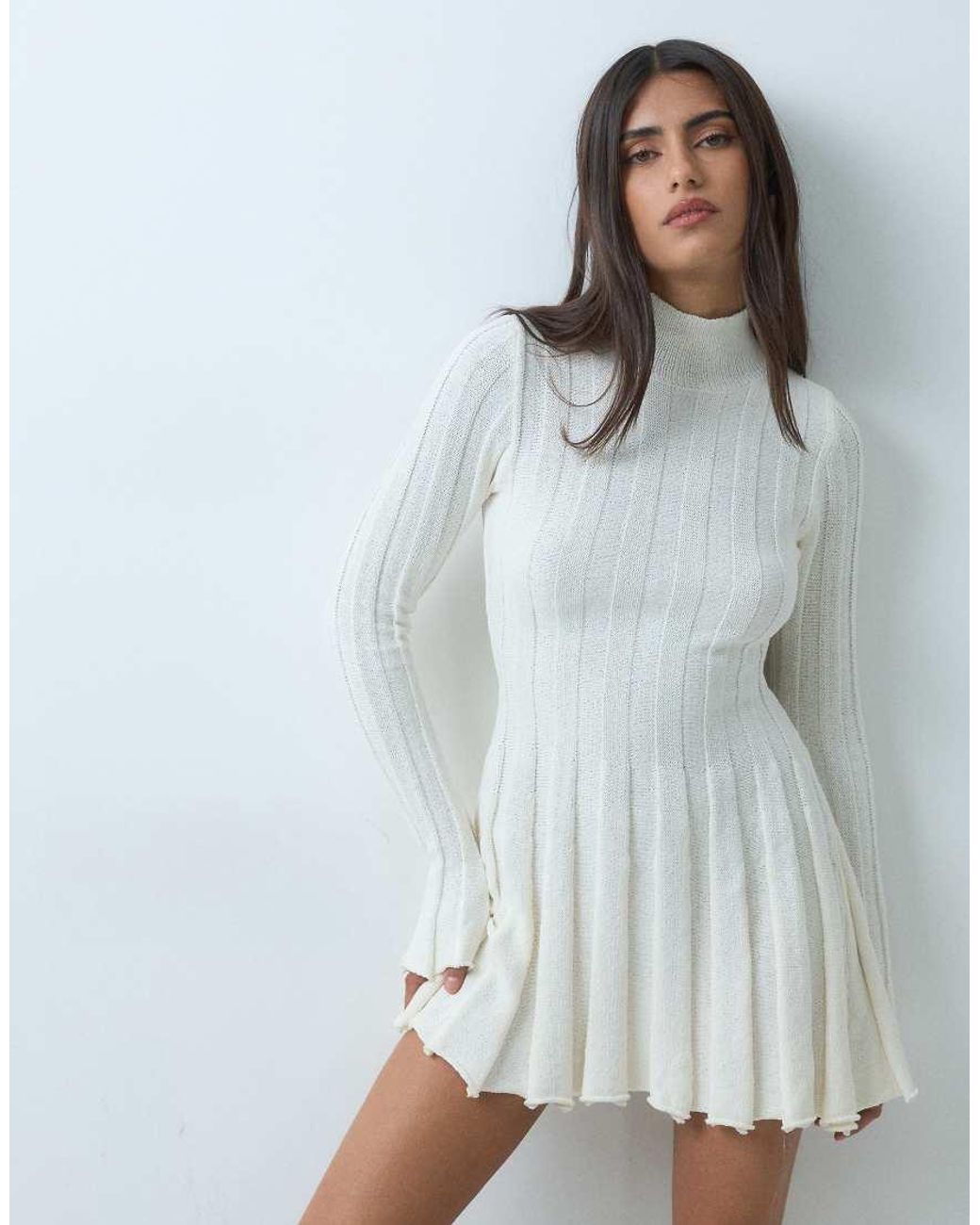 Aria Cove White Knitted High Neck Wide Rib Pleat Hem Mini Dress