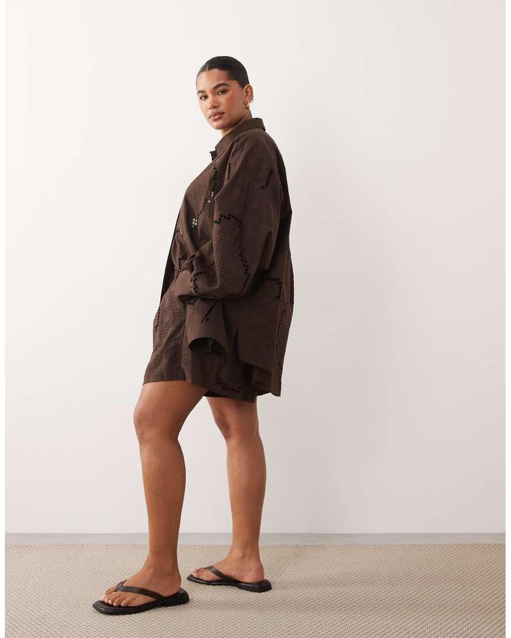 ARRANGE Brown Curve Oversized Shirt With Cutwork Embroidery