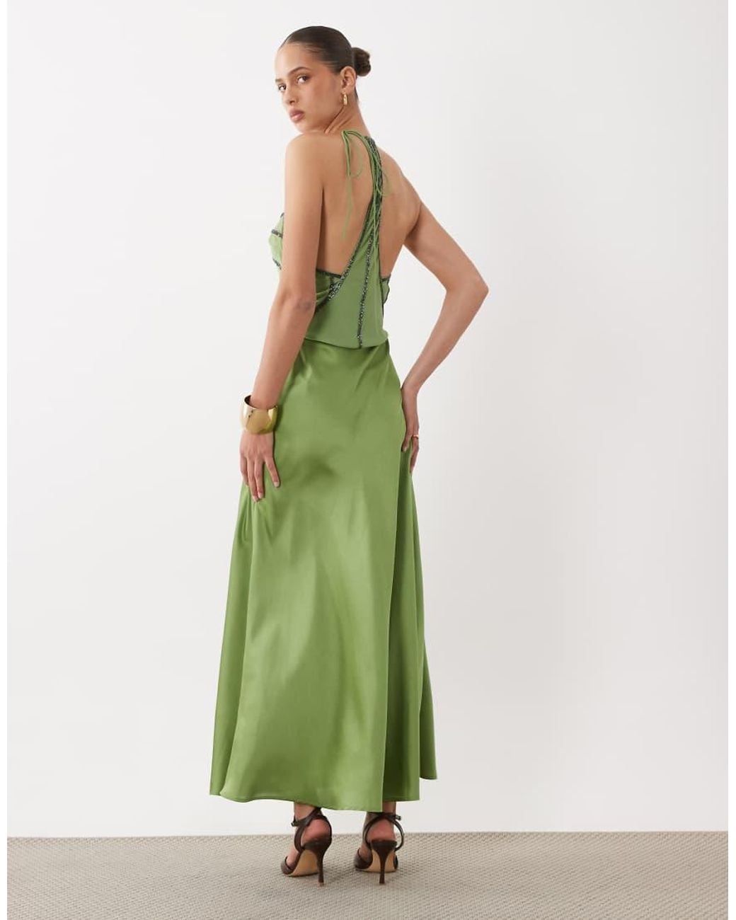 Miss Selfridge Green Embellished Satin Halter Midi Dress