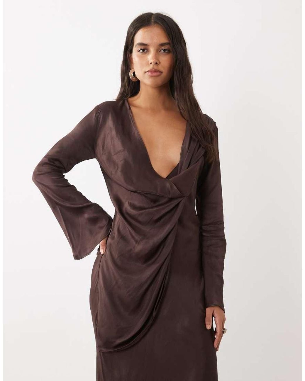 ASOS Brown Satin Drape Front Long Sleeve Maxi Dress