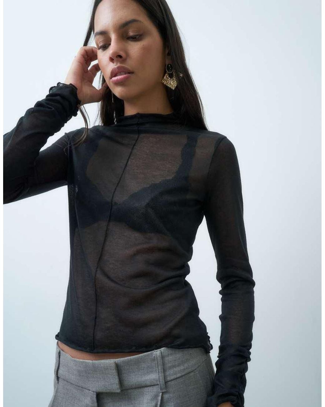ASOS Gray Knit Look Long Sleeve Top With Seam Detail
