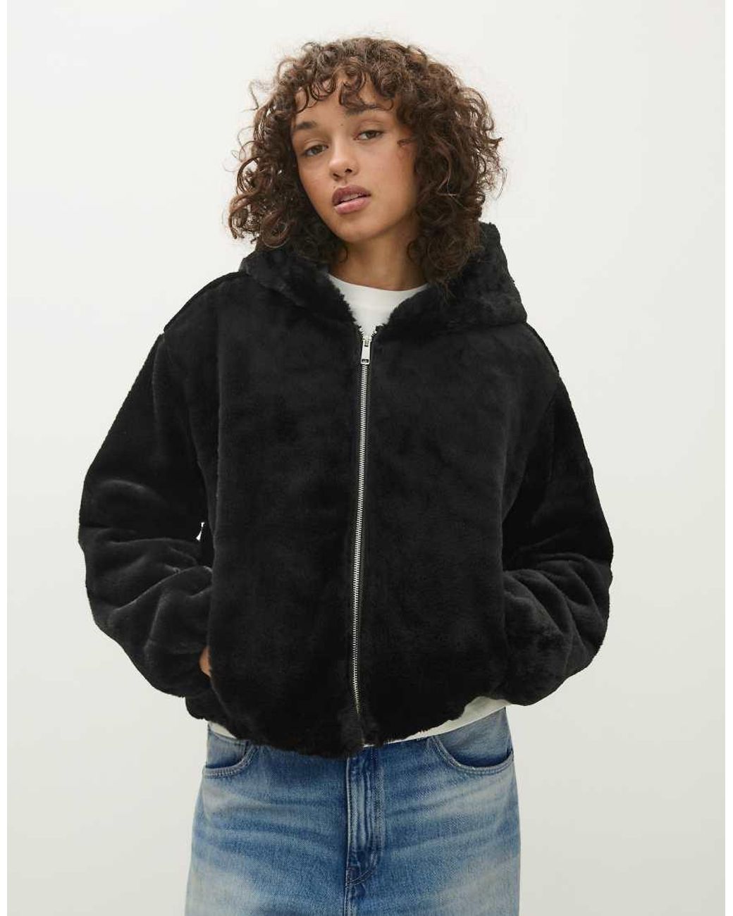 Bershka Blue Hooded Jacket With Fur