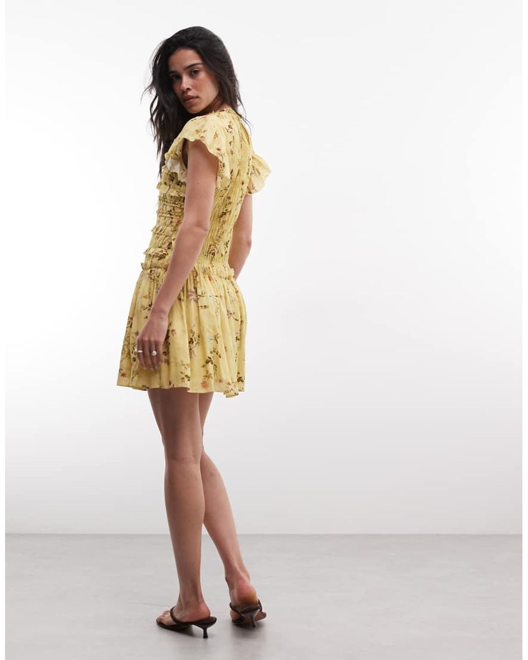 AllSaints Yellow Lauren Sleeveless Ruched Ruffle Floral Mini Dress