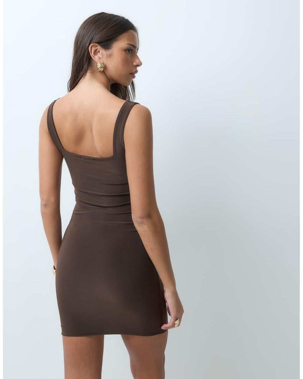 Kaiia Brown Exclusive Double Sculpted Slinky Square Neck Mini Dress