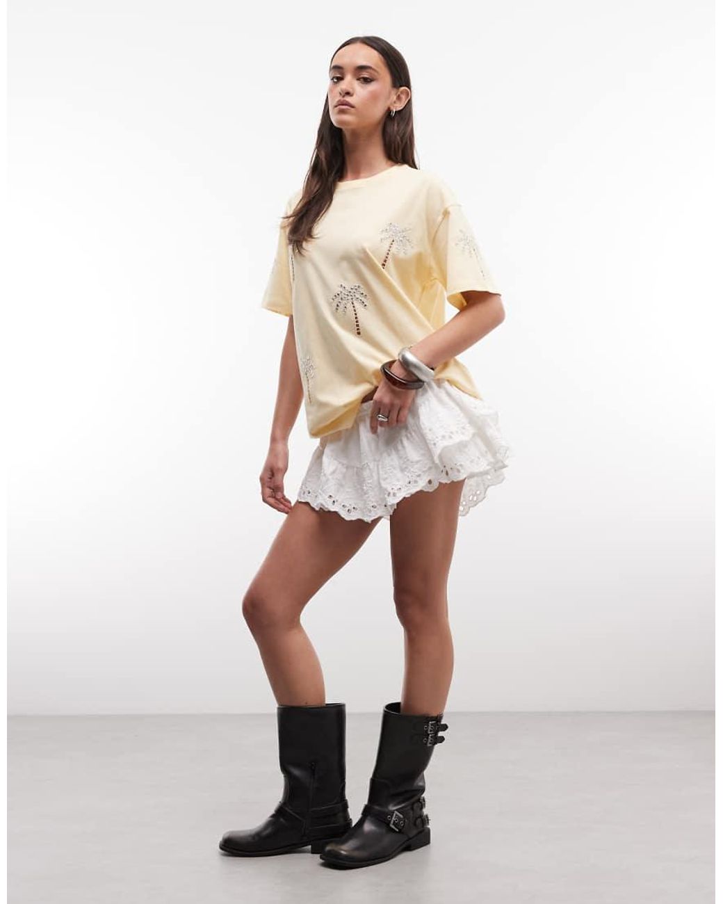 Miss Selfridge Natural Embellished Palm Tree Oversized Tee