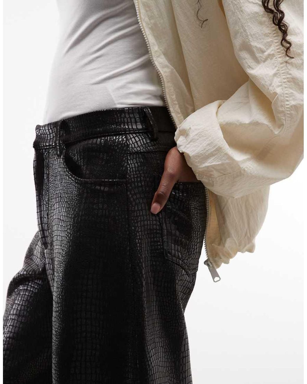 ASOS Black Leather Look Croc Effect Barrel Pants