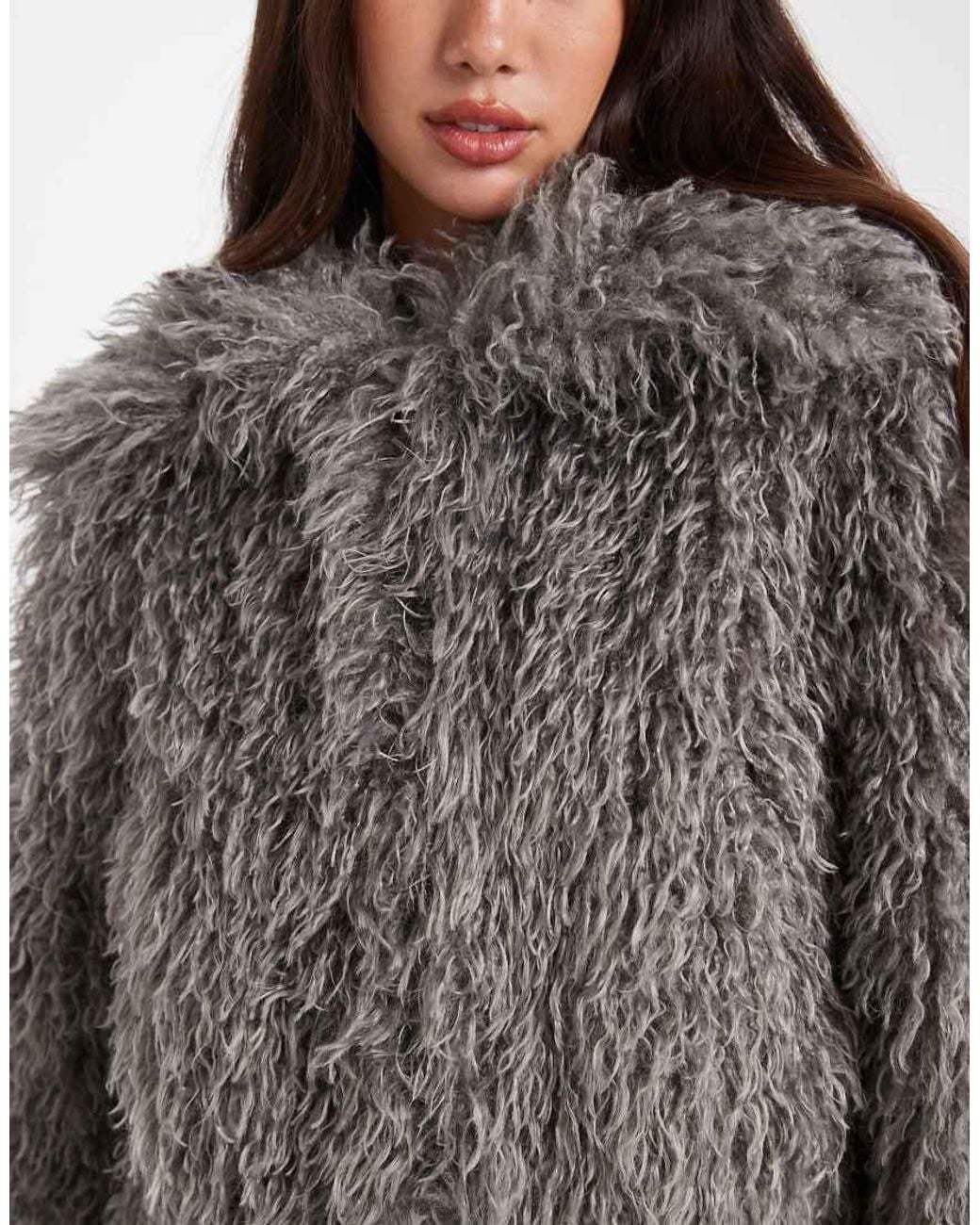 Daisy Street Brown Faux Fur Cocoon Coat With Ribbed Cuff Detailing