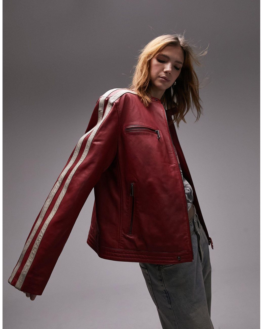 TOPSHOP Real Leather Moto Racer Jacket in Red Lyst Australia
