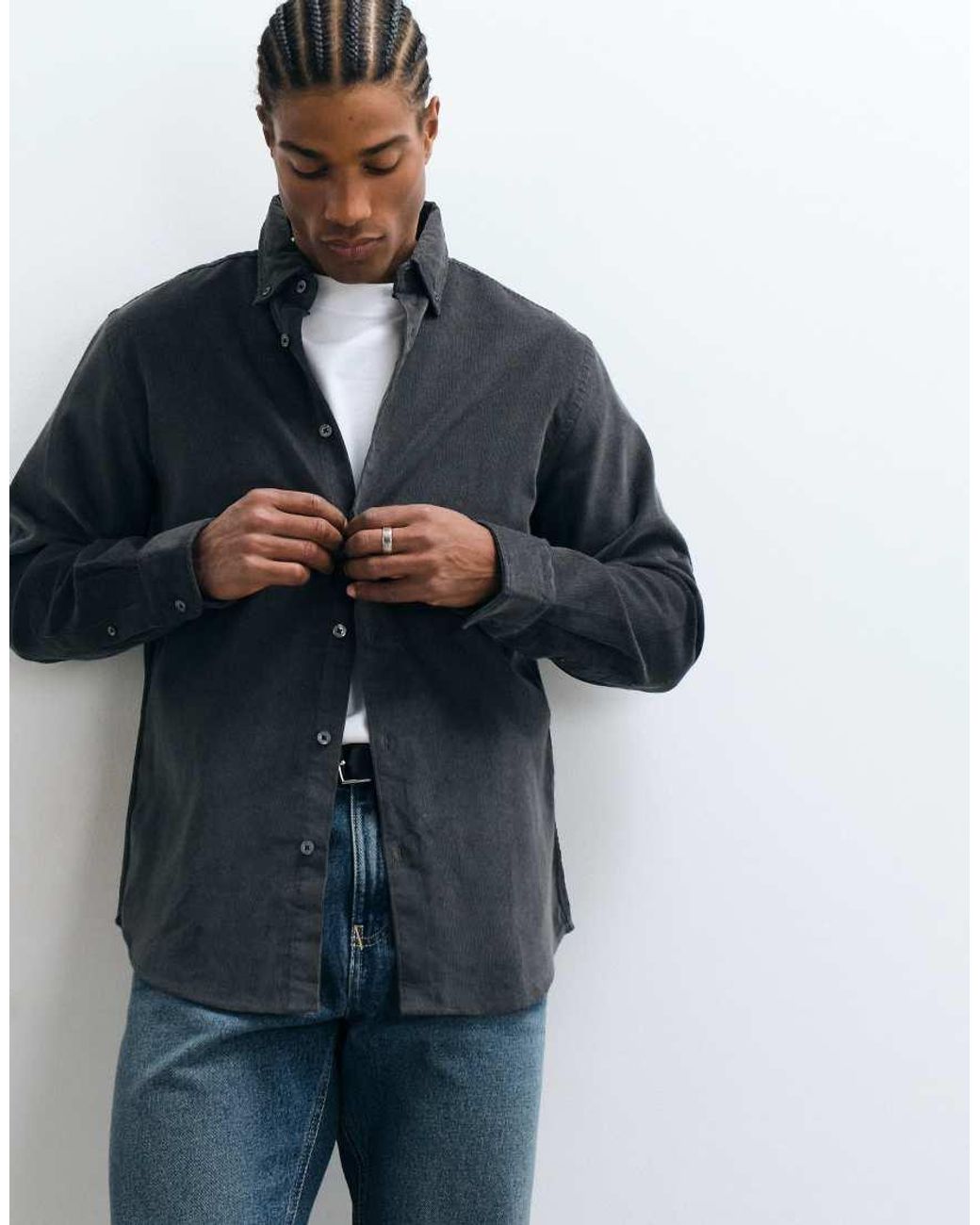 SELECTED Blue Regular Fit Corduroy Shirt With Buttonned Collar for men