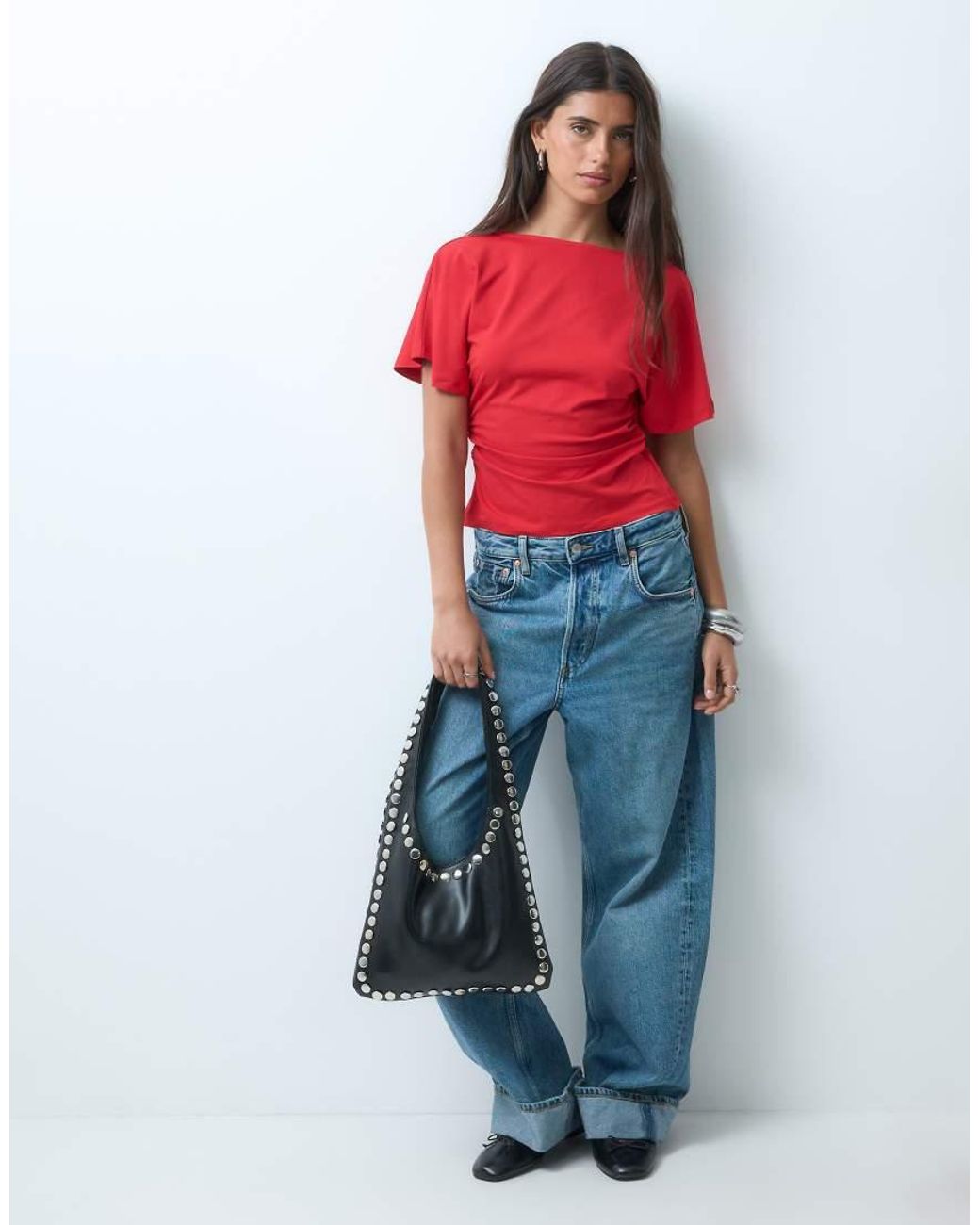ASOS Red Cinch Waist Angle Sleeve Tee With V Back Detail