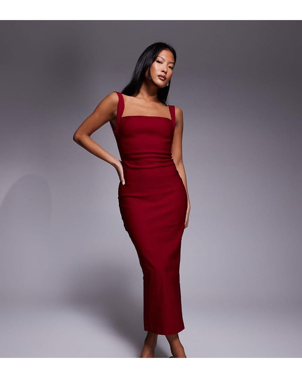 Vesper Petite Red Bengaline Square Neck Scoop Back Midaxi Dress