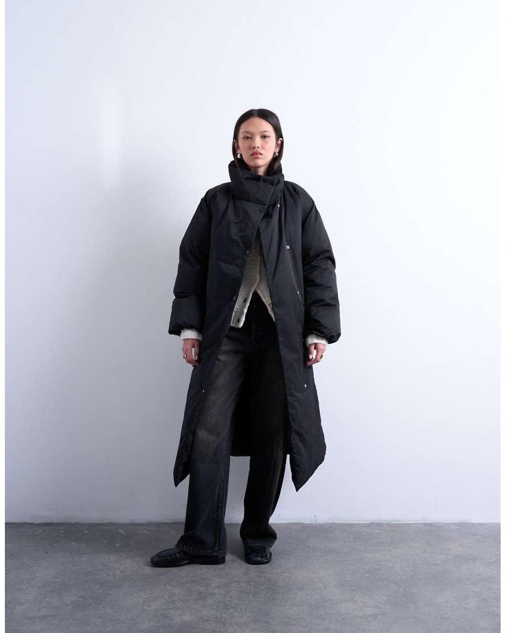 TOPSHOP Natural Funnel Neck Longline Belted Puffer Jacket