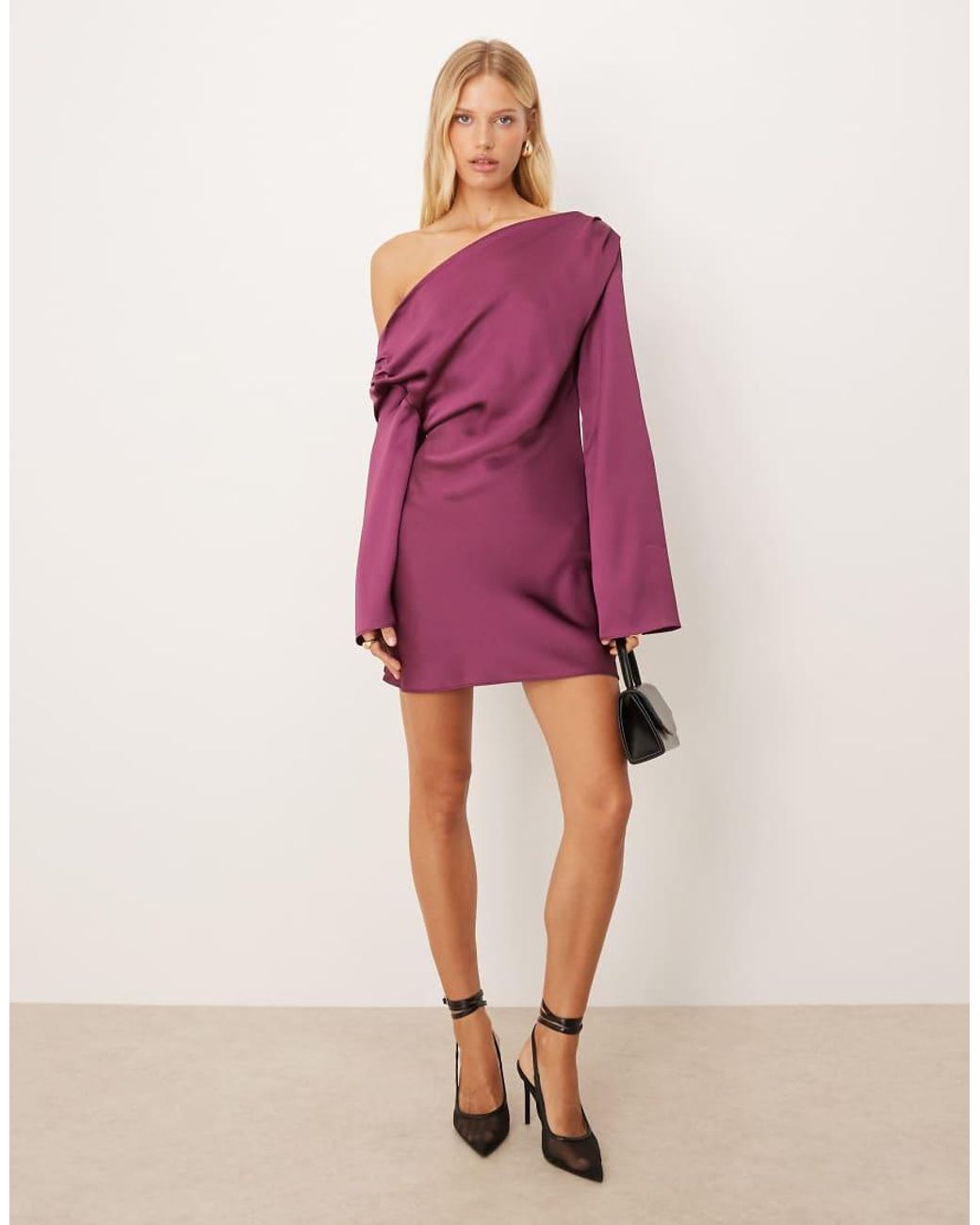 ASOS Pink Satin Drape Long Sleeve Off Shoulder Mini Dress