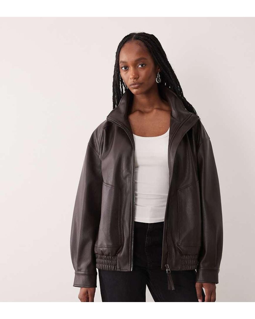 ASOS Brown Asos Design Tall Oversized Leather Look Funnel Bomber Jacket