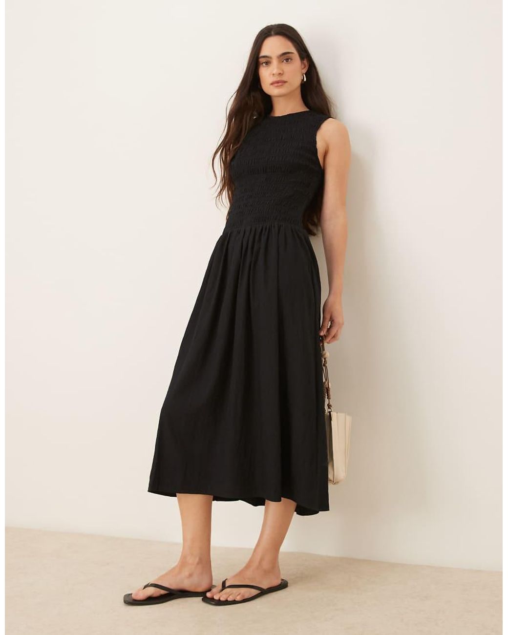 Mango Shirred Body Dropped Waist Midi Dress in Black | Lyst UK