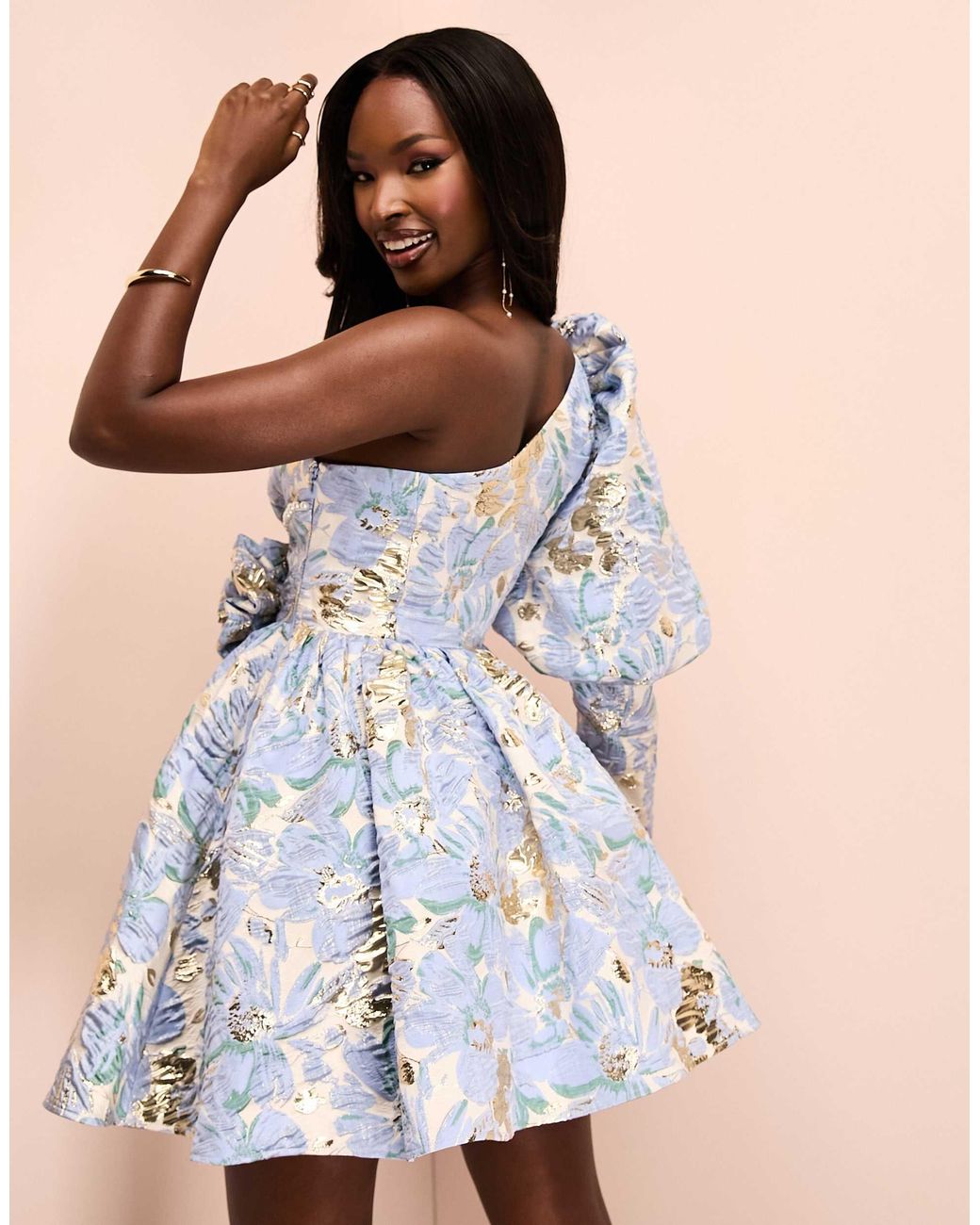 ASOS Jacquard One Shoulder Skater Mini Dress With Corsage