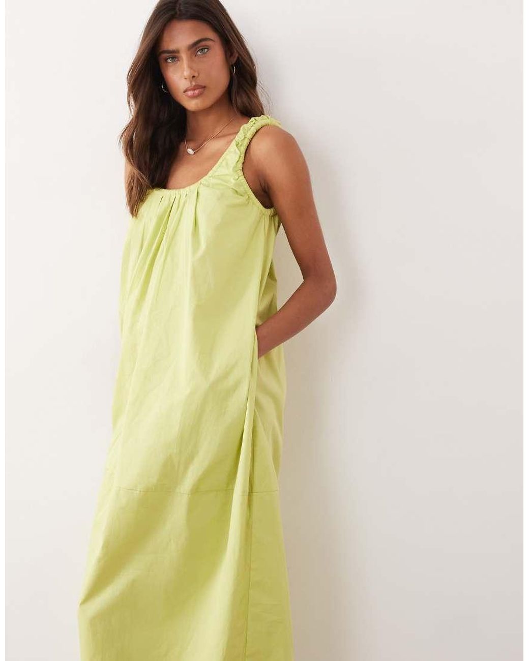 ASOS Green Poplin Scoop Ruched Neck Maxi Sundress