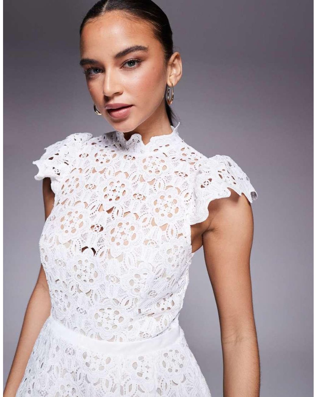 Bardot Gray Rowne Lace High Neck Cap Sleeve Waisted Mini Dress