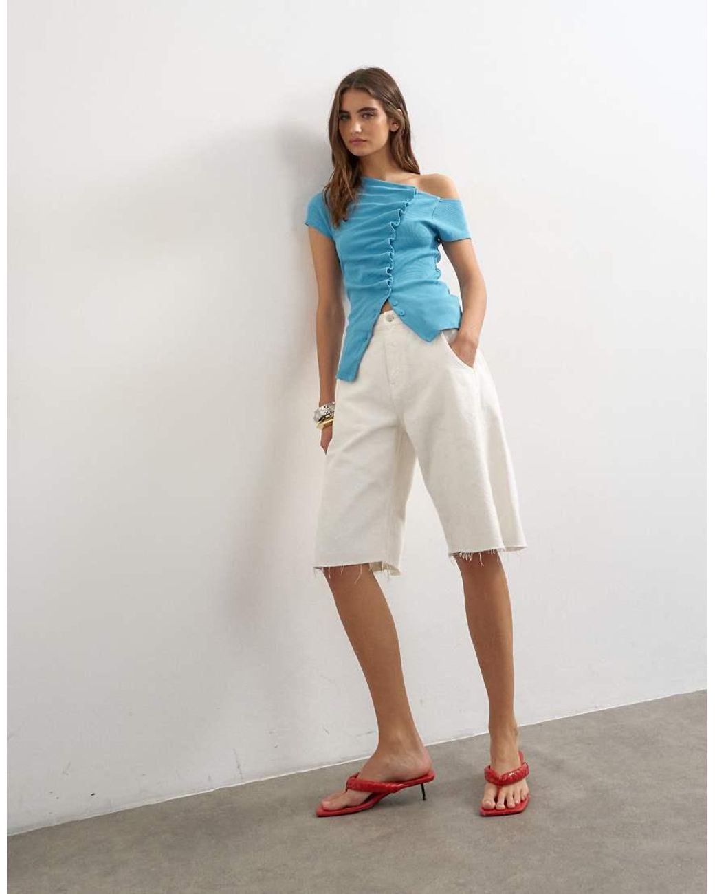 TOPSHOP Blue Bardot Button Through Top