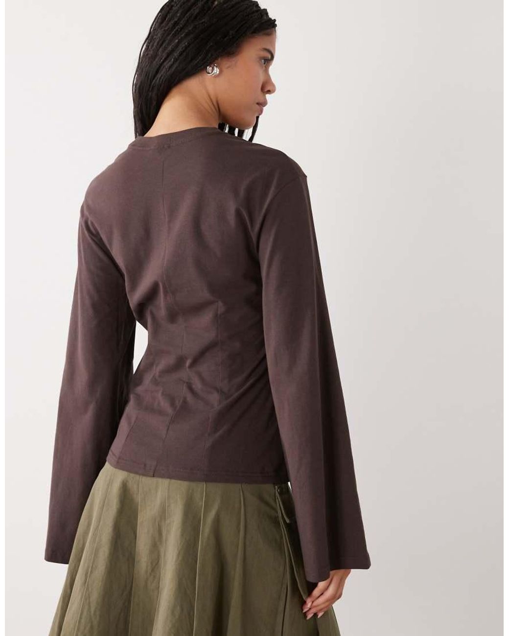 Monki Brown Cinched Waist Long Sleeve Structured Jersey Top