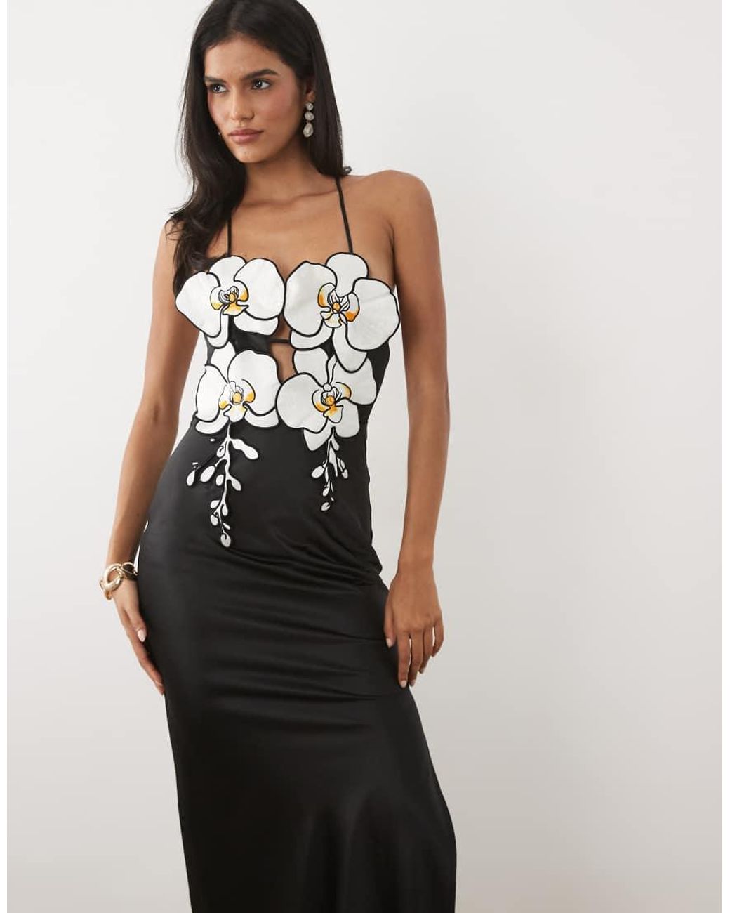 JW PEI White 3D Orchid Embroidered Halter Neck Maxi Dress