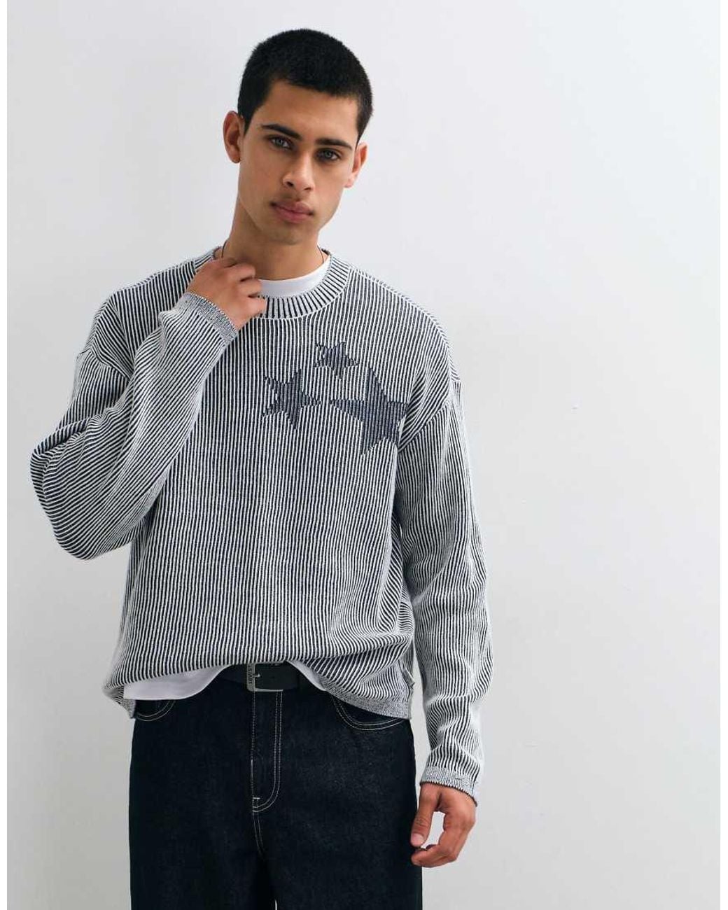 Hollister Gray Y2k Knitted Ribbed Graphic Jumper for men