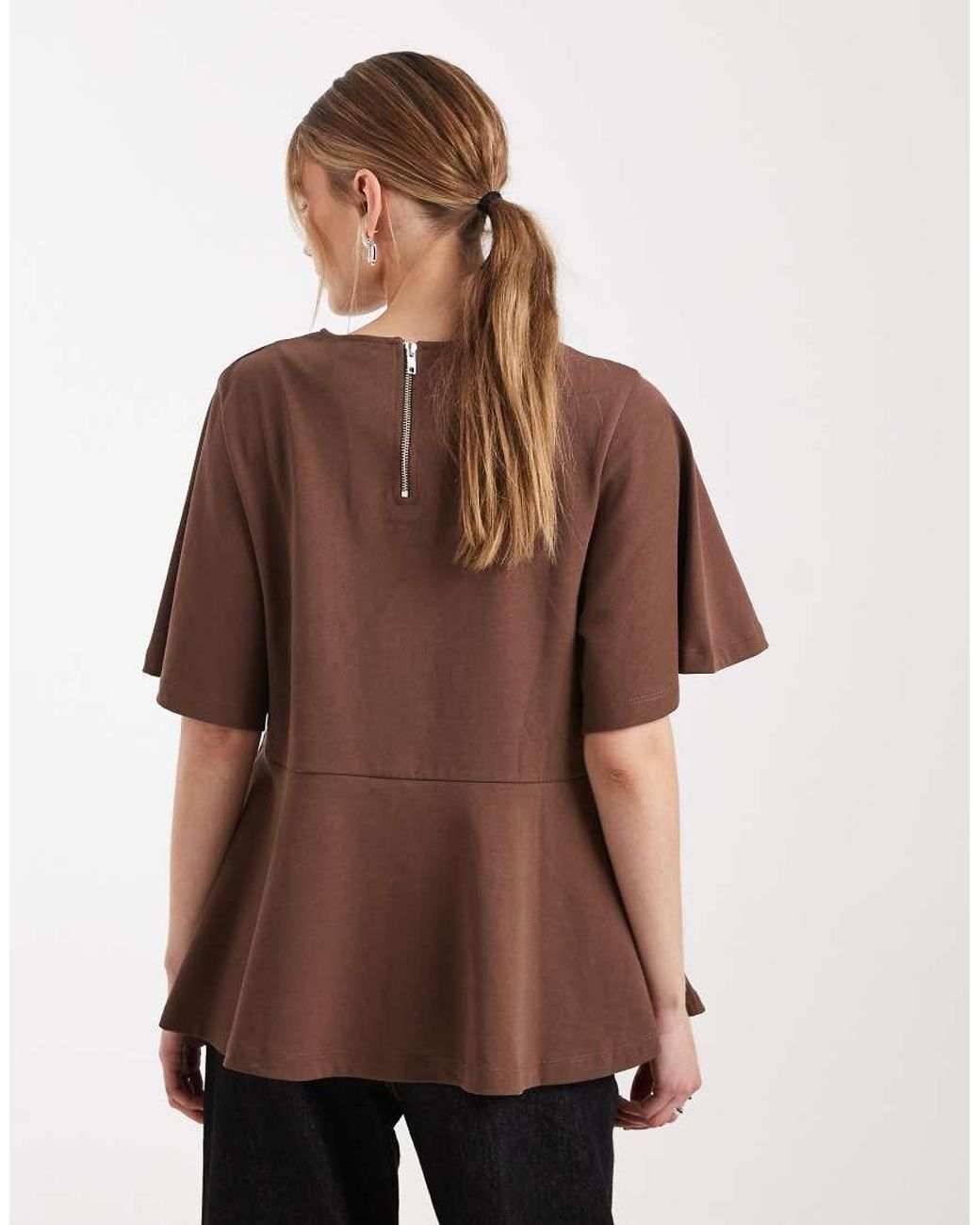 ASOS Brown Oversized T-shirt With exaggerated Sleeve And Peplum Hem