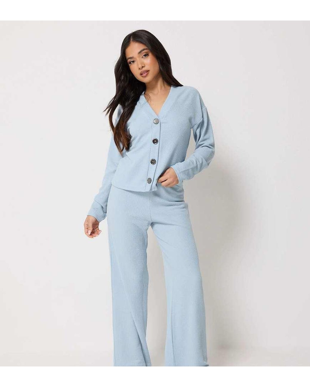 PixieGirl Blue Petite Textured Wide Leg Trousers