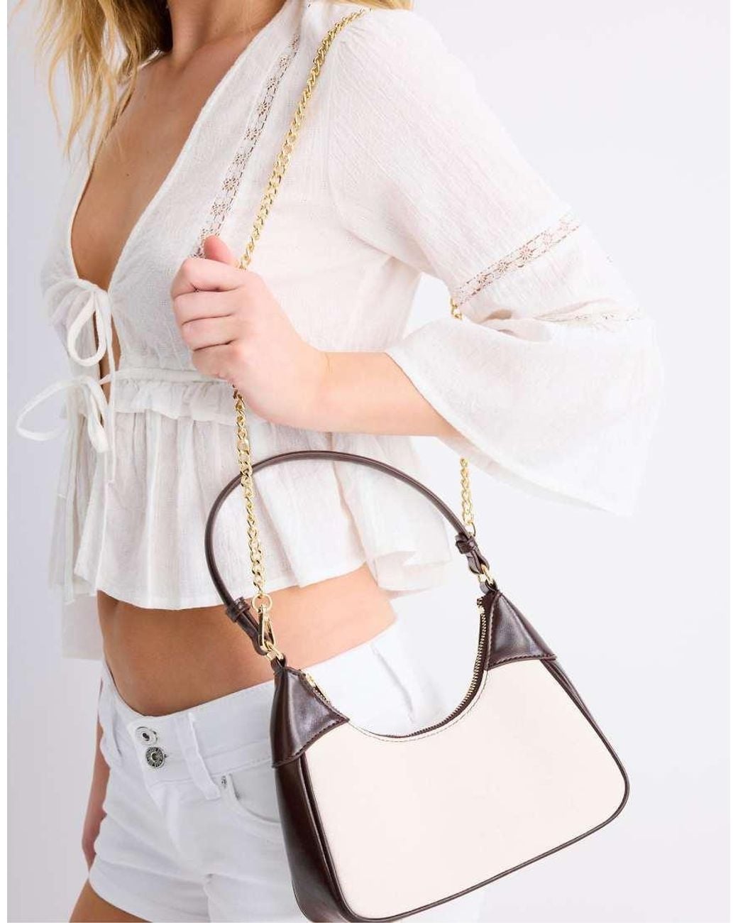 Stradivarius White Mini Half-Moon Canvas Shoulder Bag