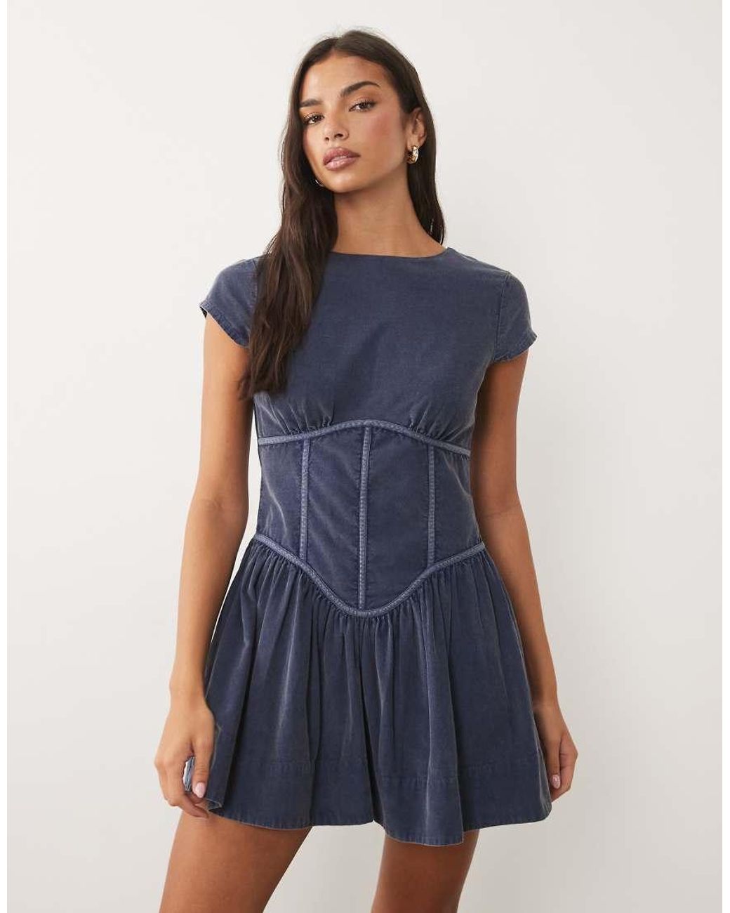 ASOS Blue Cord Corset Inspired Sleeveless Mini Dress Washed Denim