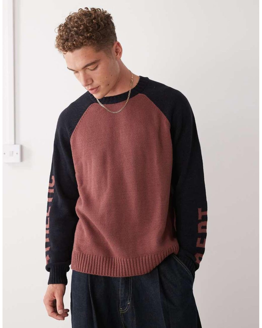 Collusion Red Knitted Sweater With Athletic Print for men