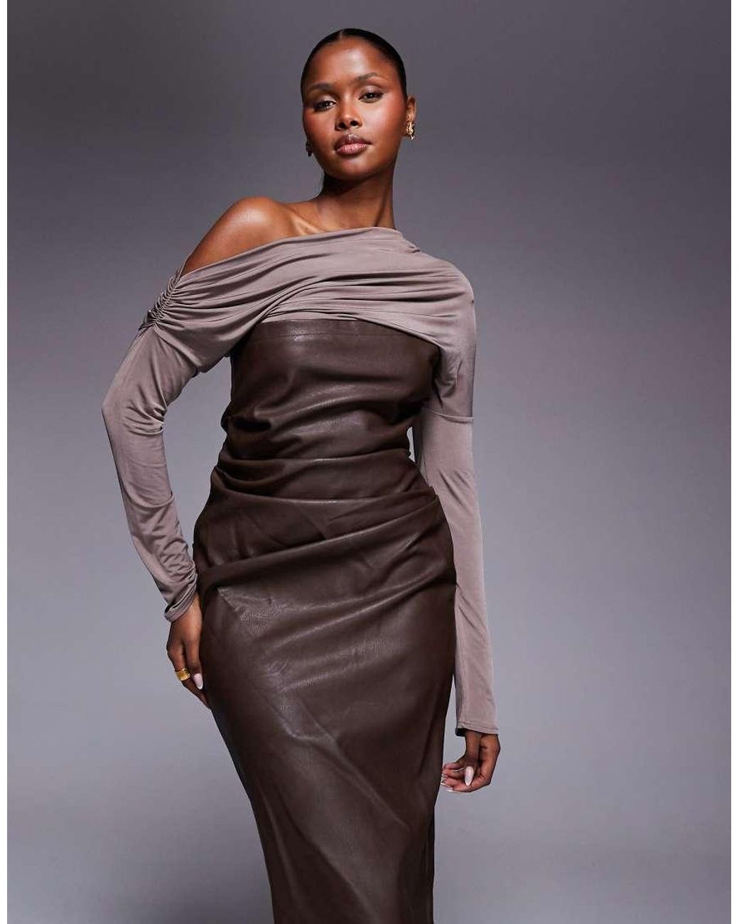 ASOS Brown Fallen Shoulder Pu Bandeau Midi Dress