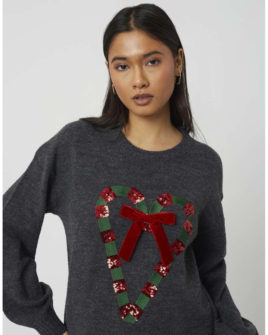 Brave Soul Blue Sequin Candy Cane Christmas Jumper