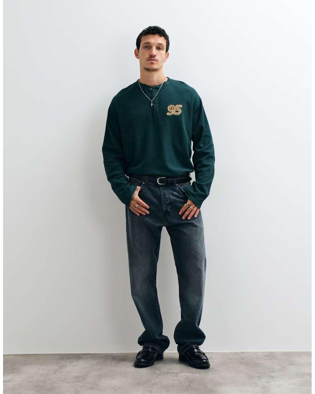 ASOS Green Heavyweight Oversized Long Sleeve Henley With 95 Embroidery for men