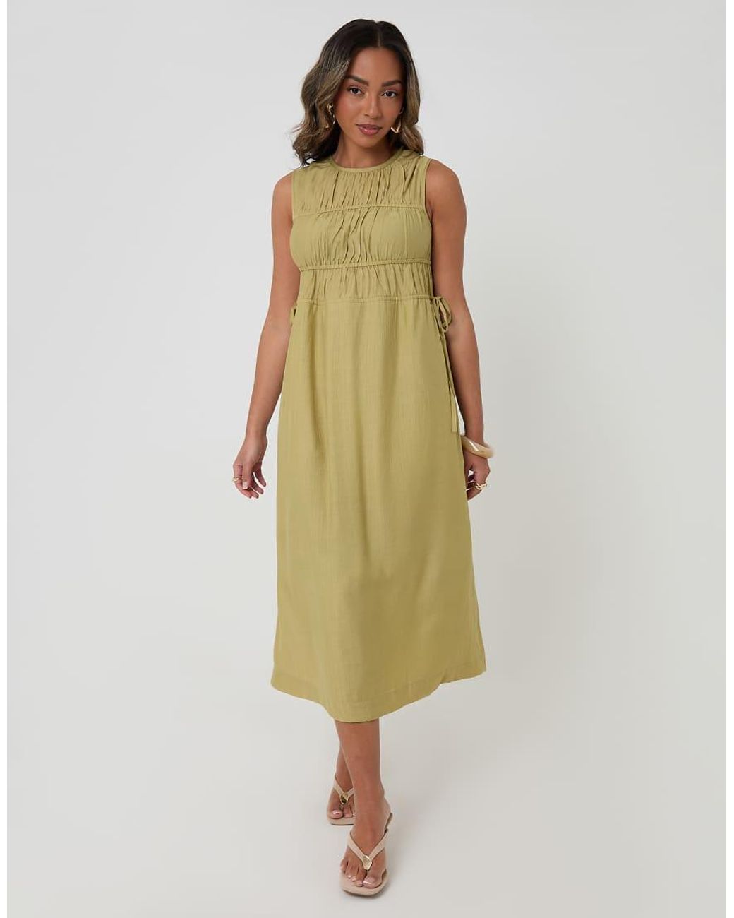 Threadbare Green Ruched Drawstring Midi Dress