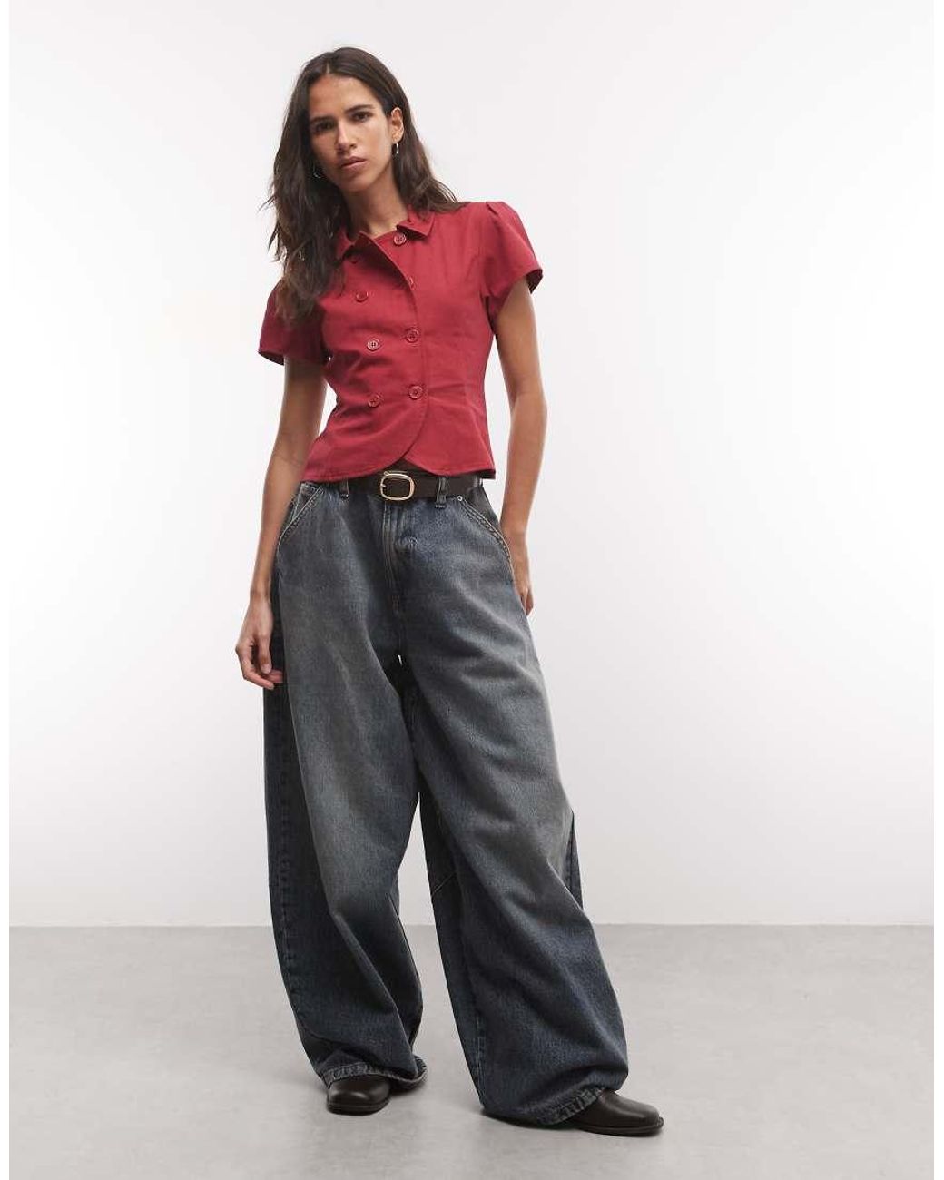 Collusion Red Heavy Twill Fitted Cap Sleeve Shirt