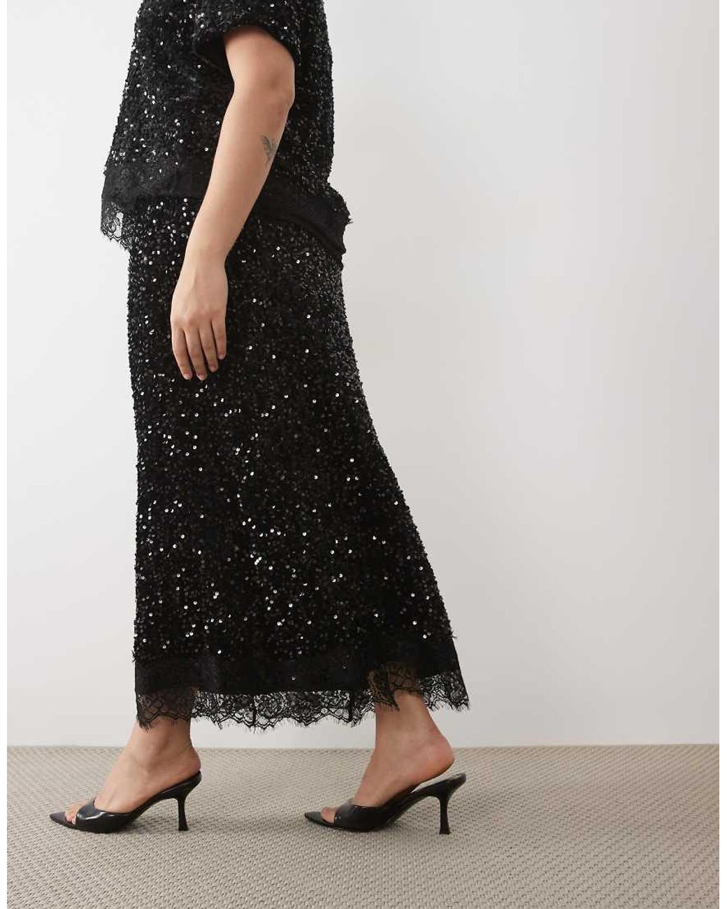 Vila Curve Black Sequin & Velour Maxi Skirt Co-Ord With Lace Trim