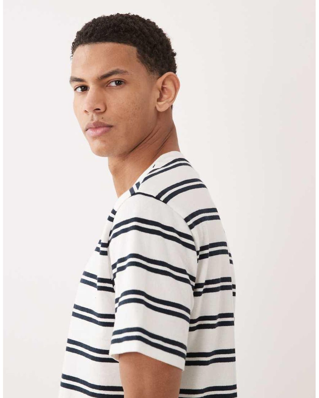 Mango White Cotton Rich Striped T-Shirt for men