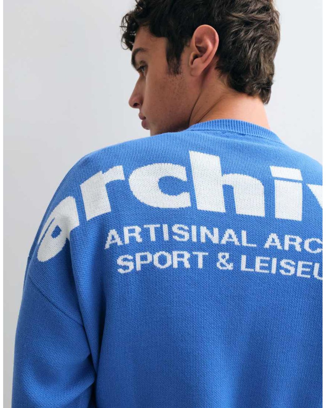 ASOS Blue Oversized Knitted Jumper With Archives Back Print for men