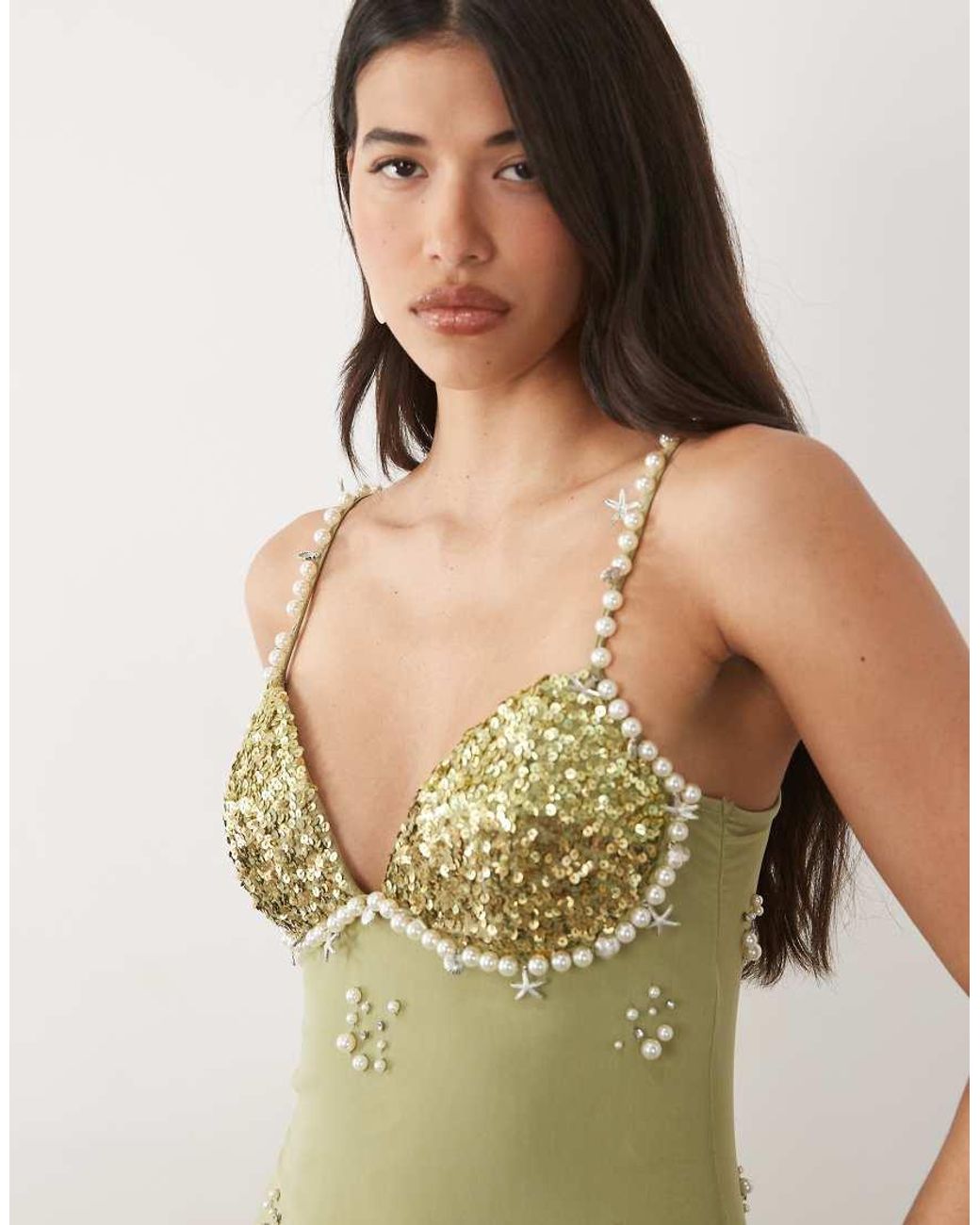 ASOS Green Pearl Encrusted Mesh Cami Dress