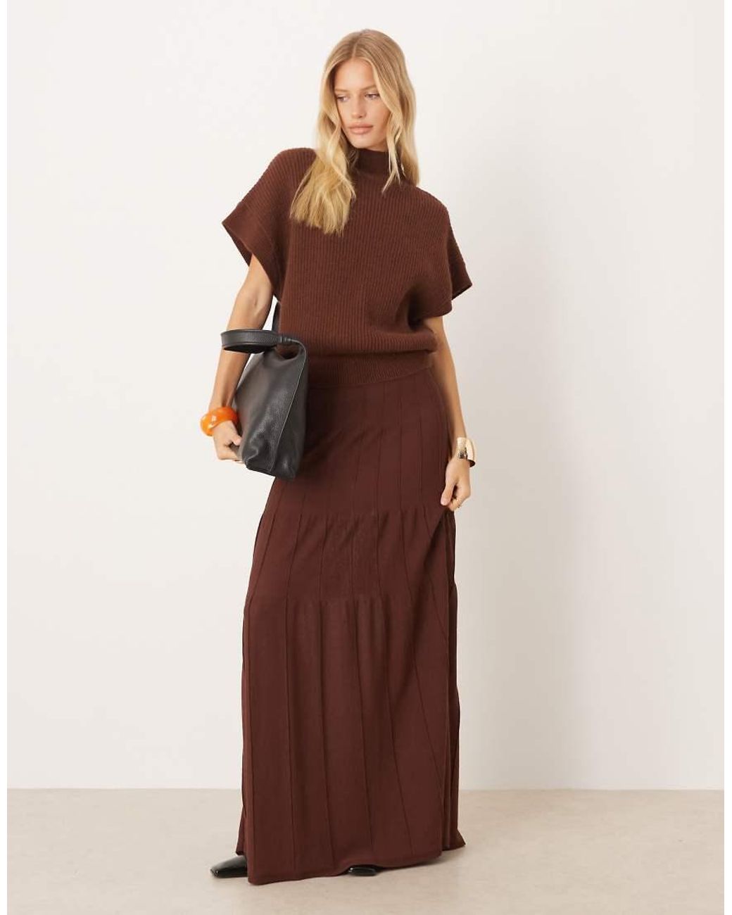 Mango Brown High Neck Short Sleeve Knitted Co-ord Top